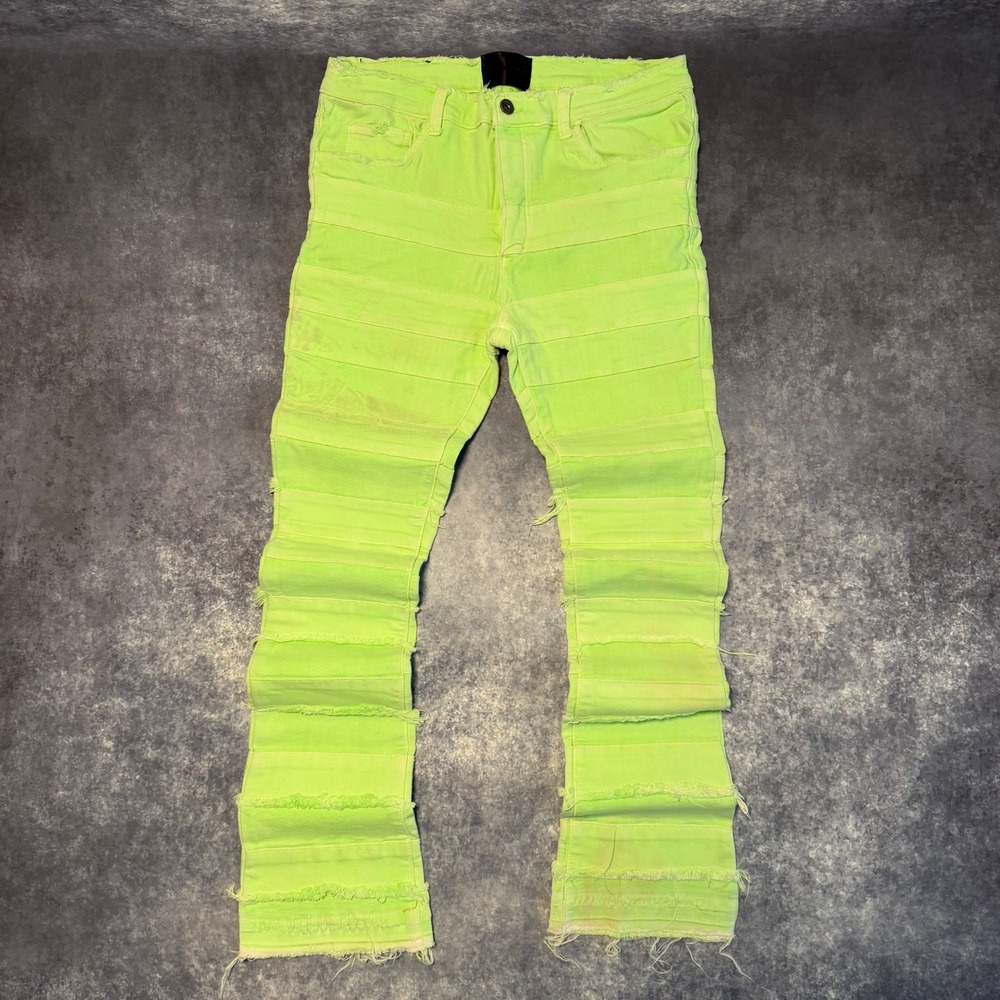 Valabasas 4444 Stacked Jeans Mens 36 Neon Lime Green Tiered Raw Edge Fringe Flaw